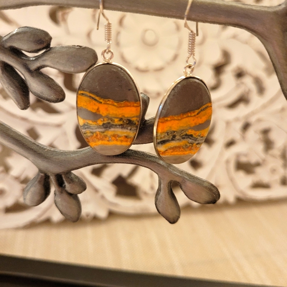 Bumblebee Jasper Gemstone 925 Silver Earrings - image 1